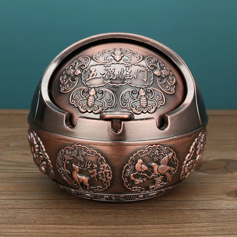 Alloy ashtray with smoke extinguishing slot in bronze finish featuring decorative dragon and phoenix design