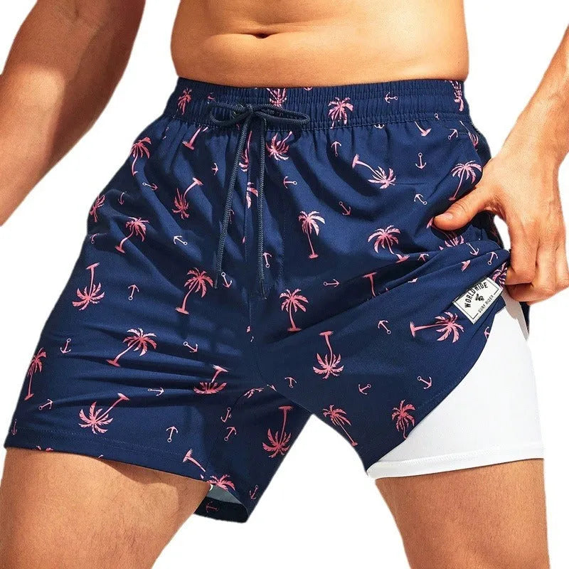 Men's loose swimming trunks with elastic waistband in multiple colour patterns including floral and aquatic designs