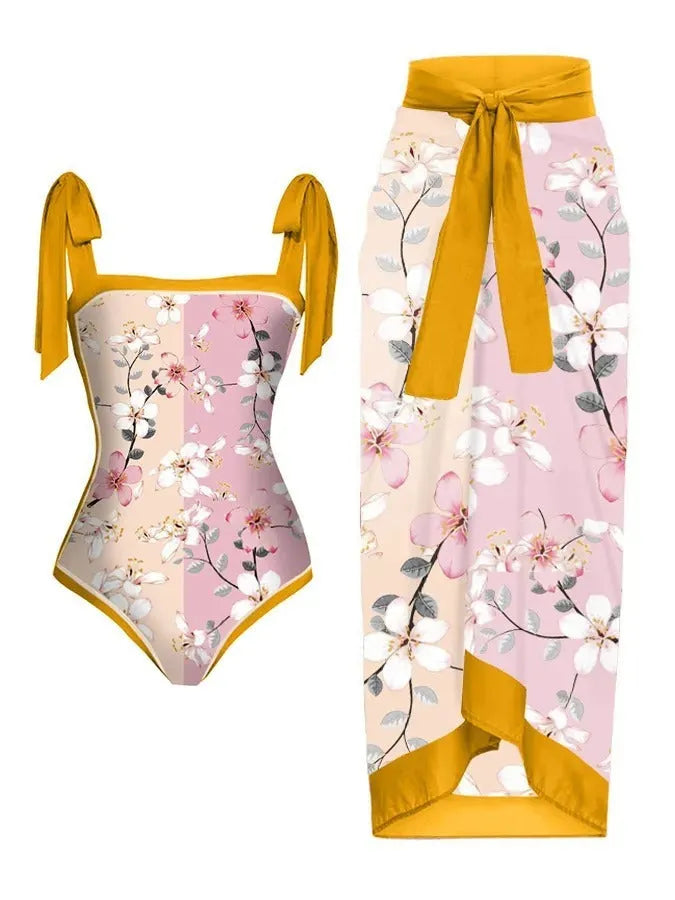 Women's printed chiffon two-piece swimsuit set with matching hip skirt