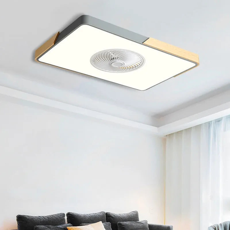 Nordic ceiling fan light with solid wood frame shown in rectangular, round, and square shape options.