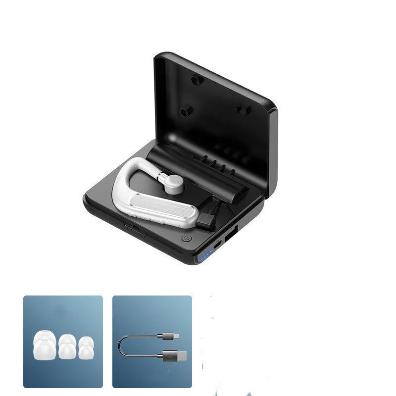 Black Bluetooth sport earphones showing neckband style and single earpiece options with three sizes of silicone ear caps.