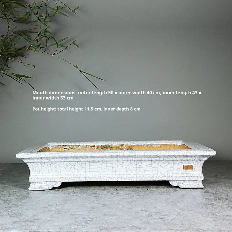 White cracked ceramic bamboo bonsai flowerpot with purple sand craft, desktop or floor use