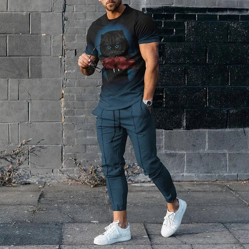 Man wearing a short-sleeved printed round neck pullover and matching trousers from a lightweight athletic suit set.
