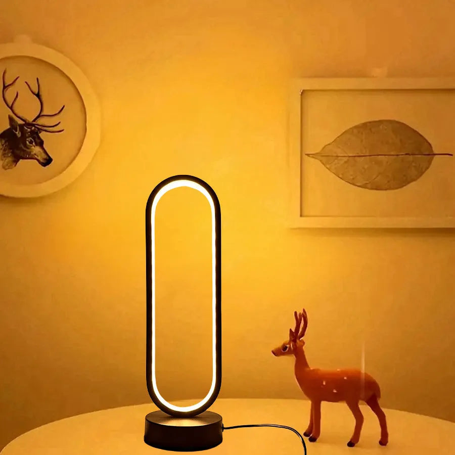 Black and white USB ring dimming LED night lamp with acrylic shade and iron base, 32 cm tall, three colour settings