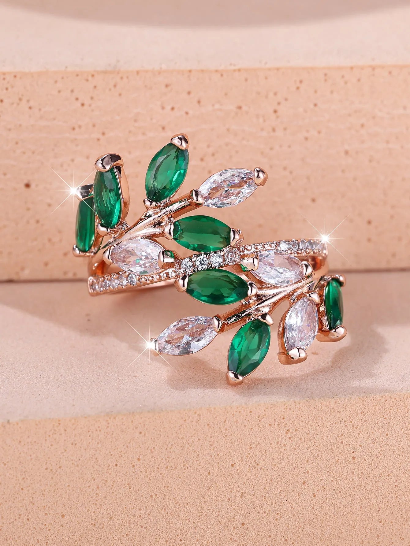 Adjustable copper leaf ring with zircon finishes in multiple colour options