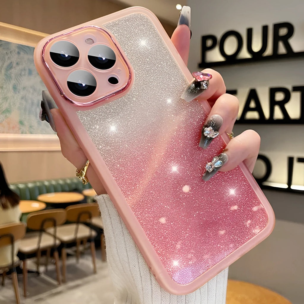Ultra-thin transparent glitter gradient iPhone case with magnetic suction on a table