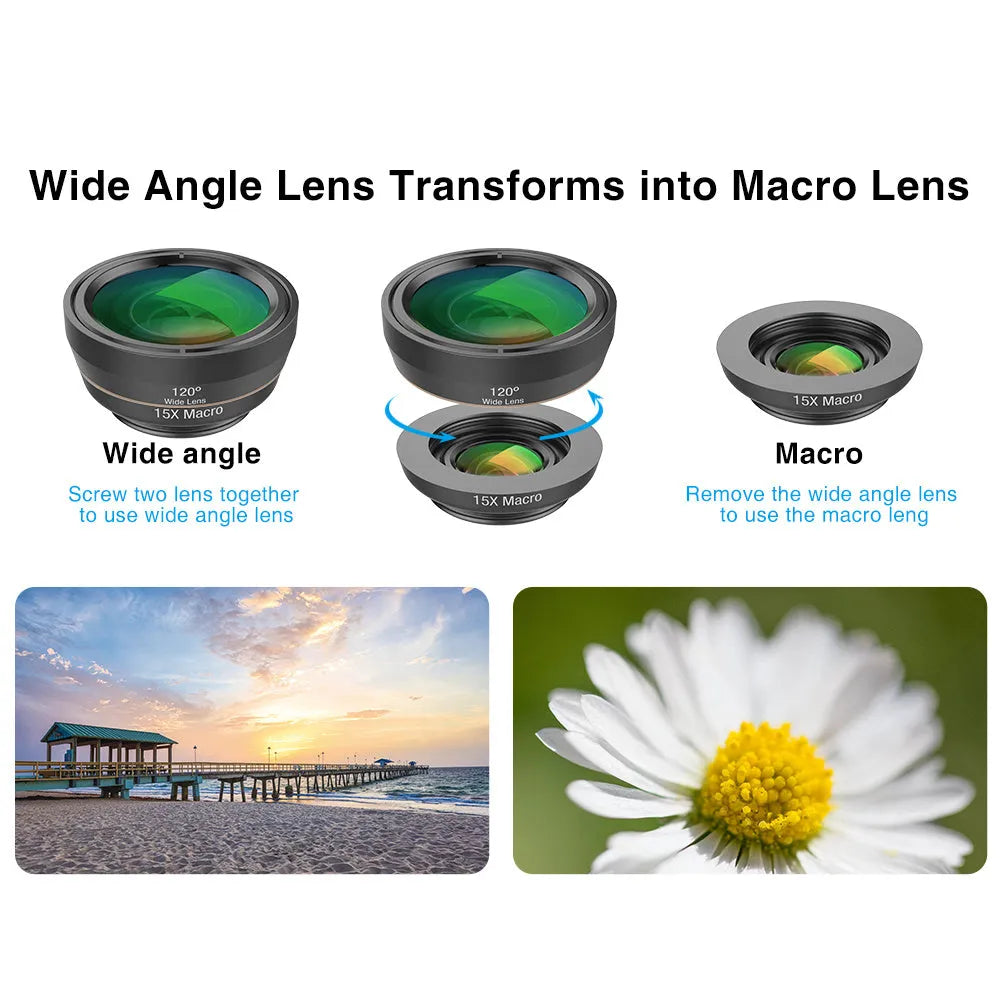 Black 6 in 1 universal smartphone camera lens kit with fisheye, macro, wide-angle, telephoto, CPL and star filters