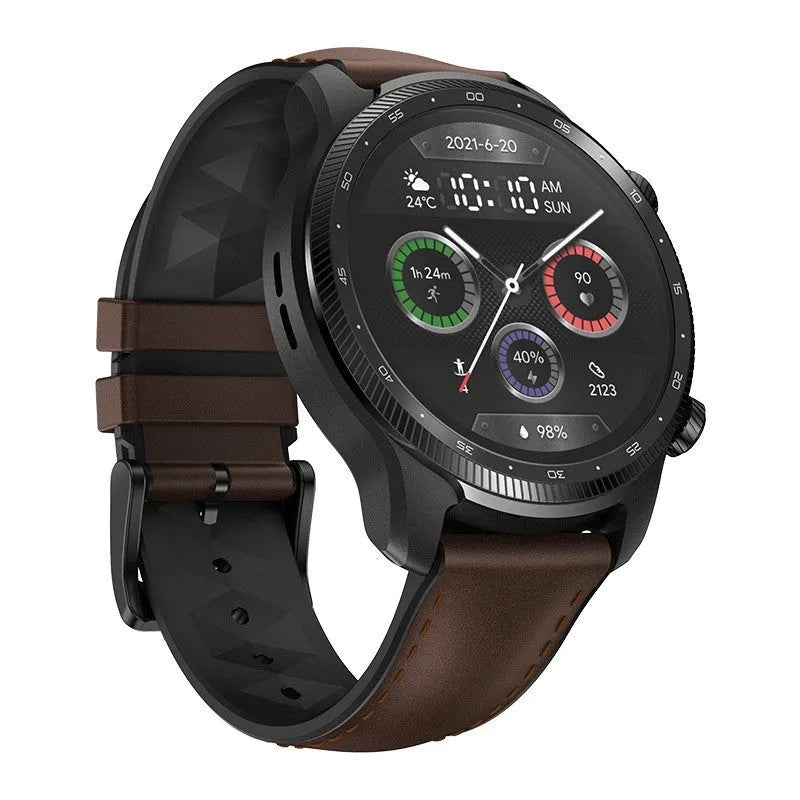 Ticwatch Pro X black smart watch with round display showing fitness metrics on wrist