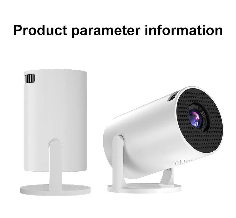 White mini wireless portable HD projector for home cinema use on a wooden table