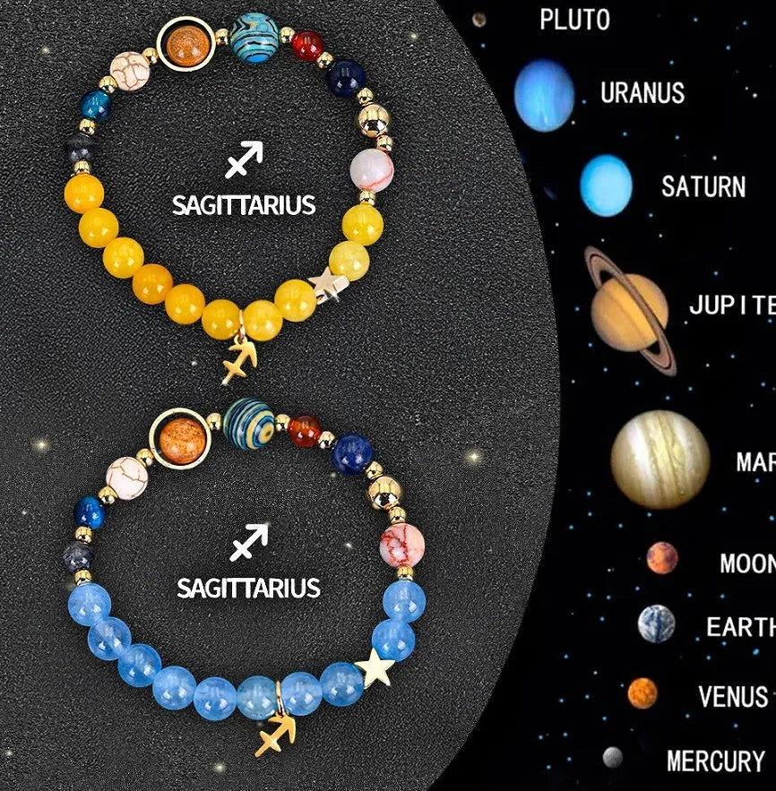 Set of two natural stone beaded bracelets representing zodiac signs from a twelve-style collection.