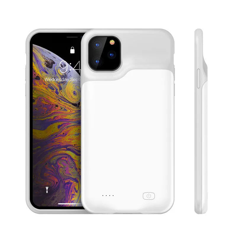 Shockproof silicone iPhone battery charger case in black, blue, pink, or white, showing integrated high-capacity battery.