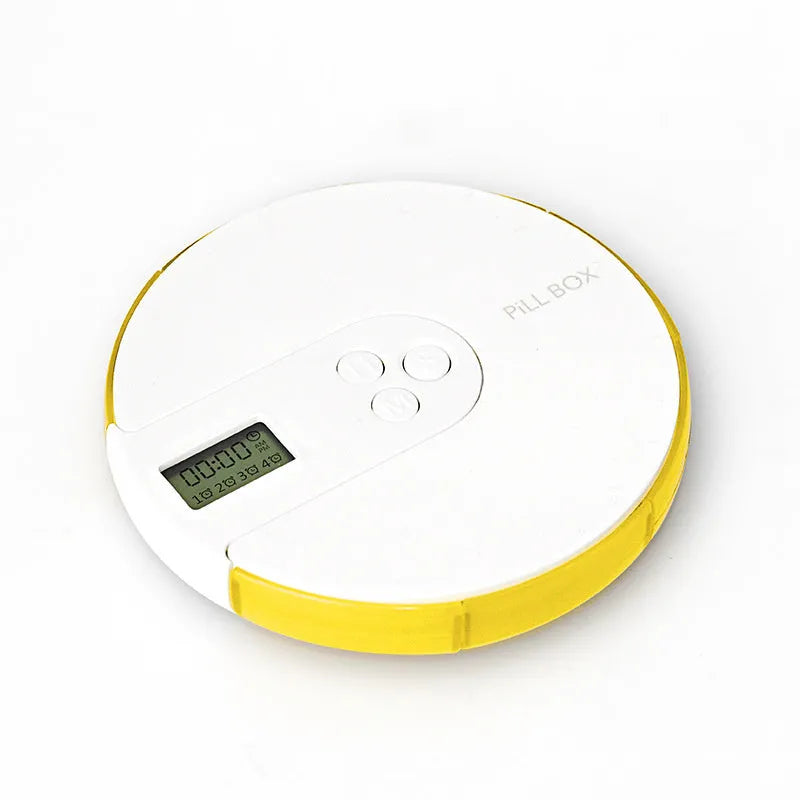 Seven compartment electronic pill dispenser with digital display and alarm clock functions in multiple colour options