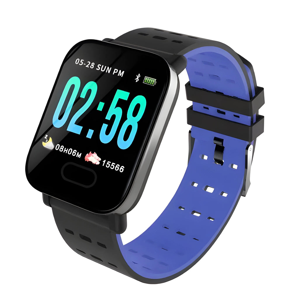 A6 smart fitness bracelet with colour screen and silicone strap showing black, blue, and orange colour options
