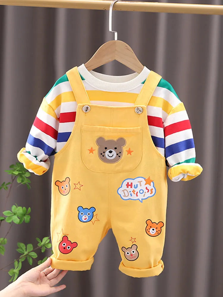 Boys' plaid cotton top overalls suit in beige with strap pants, suitable for 80-120cm height