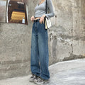 Women's straight-leg jeans in retro blue with high waist design and classic denim construction