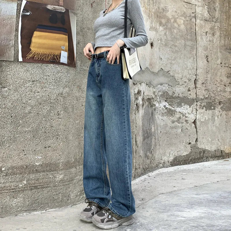 Women's straight-leg jeans in retro blue with high waist design and classic denim construction