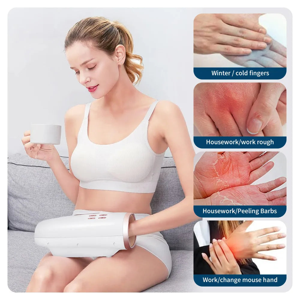 White portable hand massager with heat and air compression for hand pain relief, USB rechargeable design
