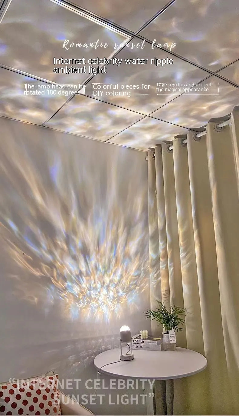 Dynamic water ripple effect ambience table lamp with metal construction for ceiling or desktop use