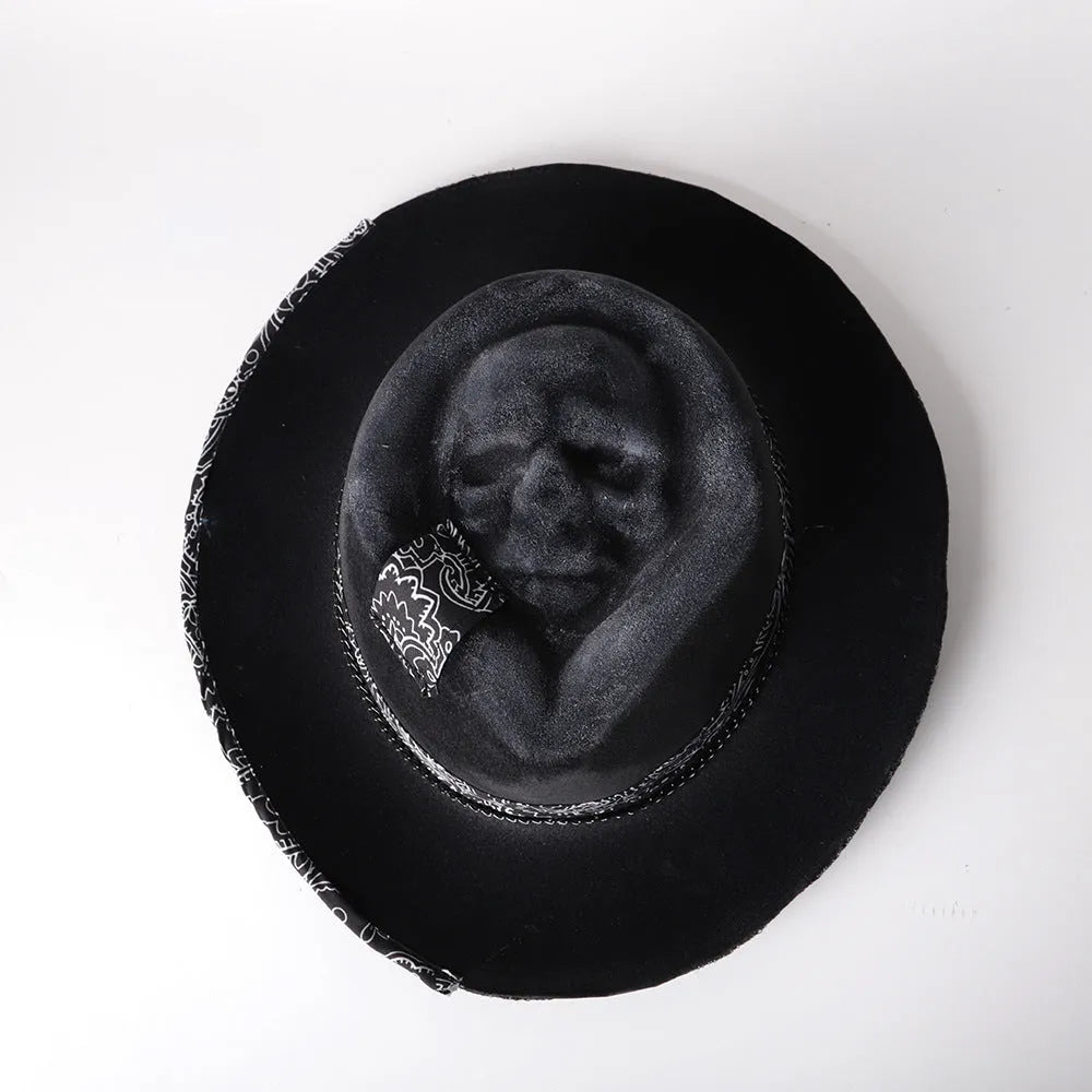 Handmade wool felt skull hat with conical crown and denim-style pattern