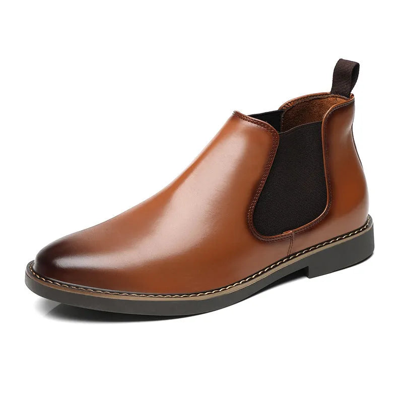 Black and brown formal men's pointed-toe leather boots with a square rubber heel.