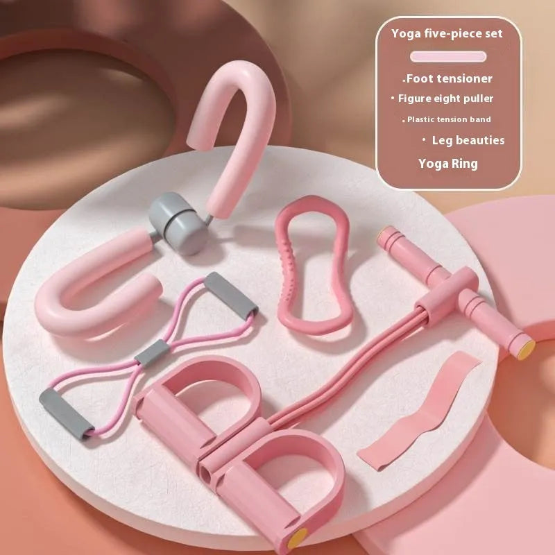 Yoga four piece set showing leg stretcher, yoga ring, pedal device, and tension rope