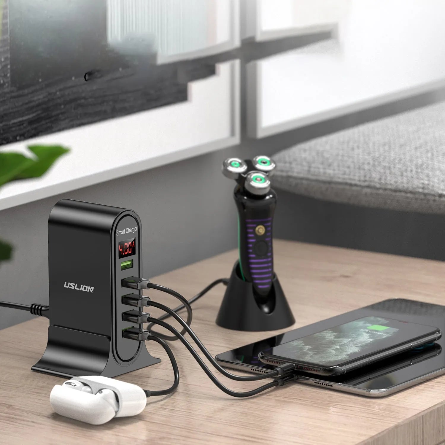 Smart LED digital display USB charger showing voltage readout with EU UK US plug options
