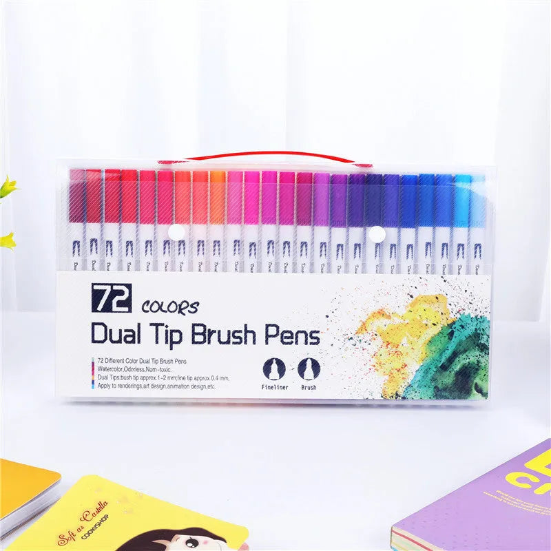 Watercolour pen sets in plastic cases showing 48, 60, 72, and 100 colour options for artists