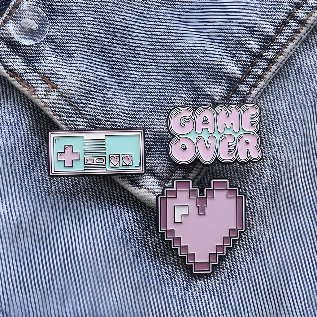 Alloy metal stereo game console badge with embossed design in multiple colour options