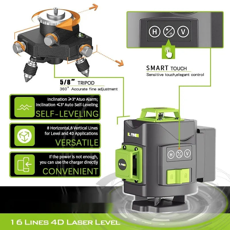 16-line 3D green laser level unit with aluminium and nylon construction showing compact dimensions
