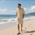 Men's linen blend short sleeve shirt and shorts set in light blue colour