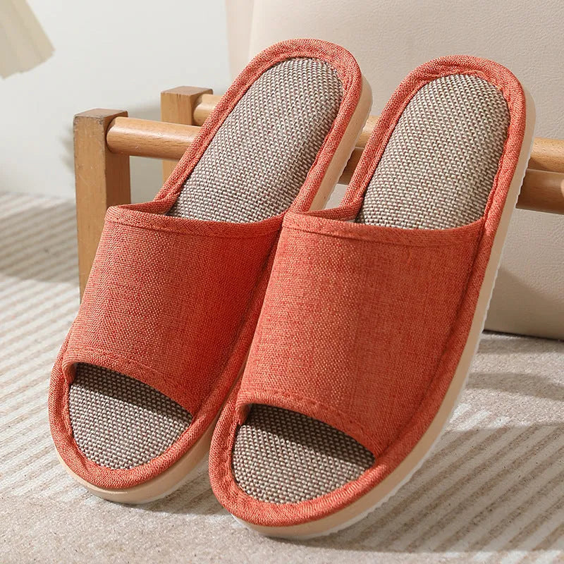 Women's open-toe linen slippers in various colours with thickening sole