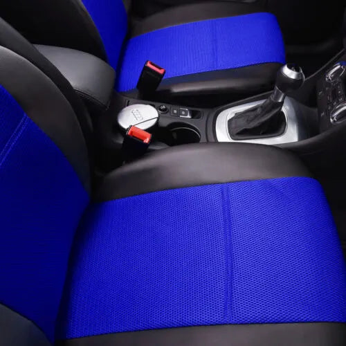Artificial leather car seat cover set showing headrest and seat covers in black colour with hook accessories