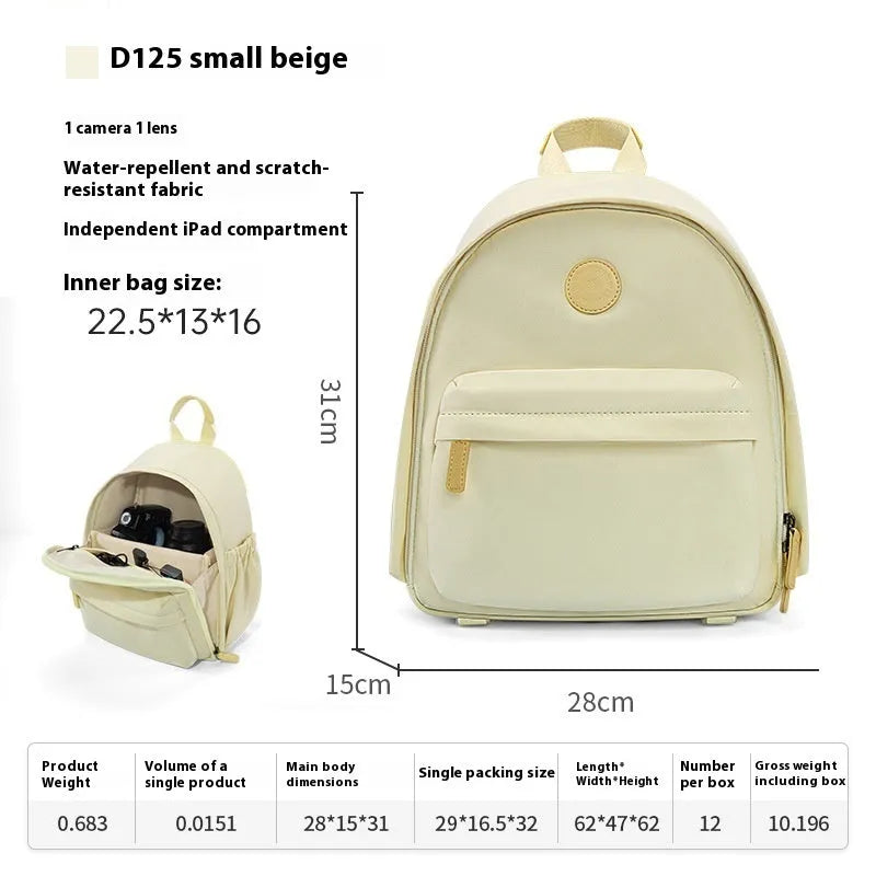 Women's polyester shoulder camera bag in black with a curved strap and detachable iPad pocket.