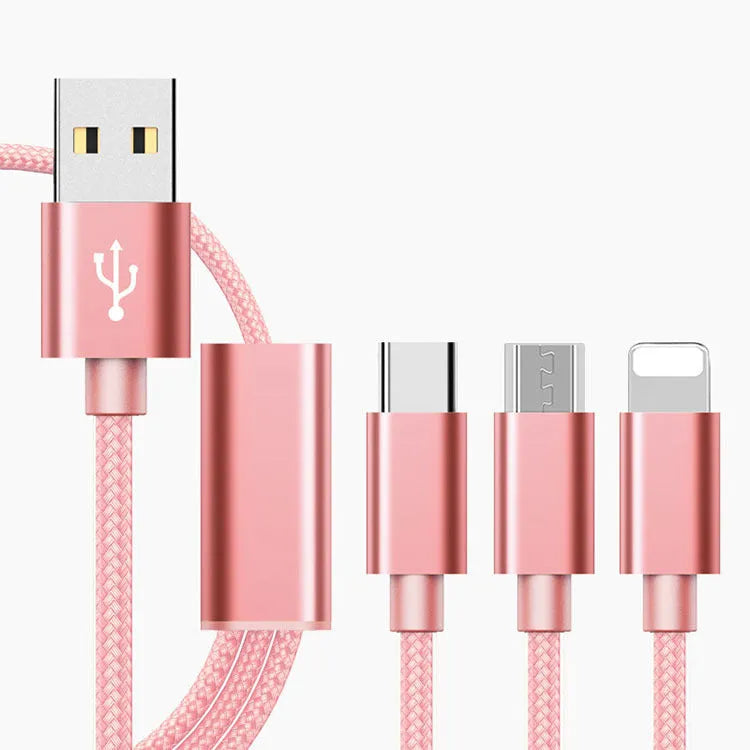 Black three-in-one Micro USB charging cable with three connectors, measuring 1.2 metres long.