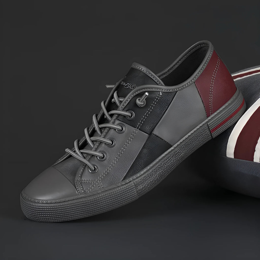 Men's colour matching leather shoes with round toe, elastic band, and flat rubber sole