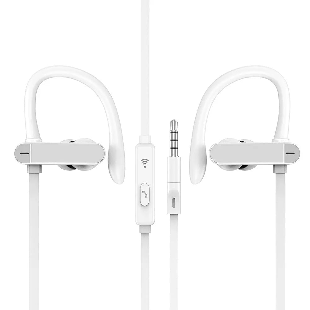 Sport ear hook headphones with microphone in black blue colour, showing over-ear hook and silicone earbuds.