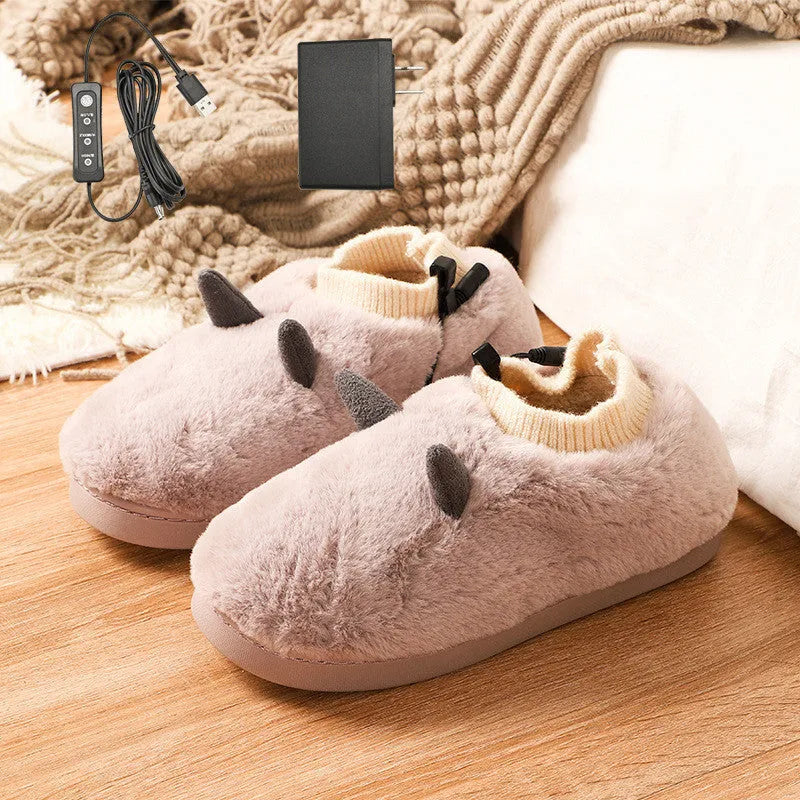 USB electric heating slippers in grey with adjustable temperature control and soft velvet upper.