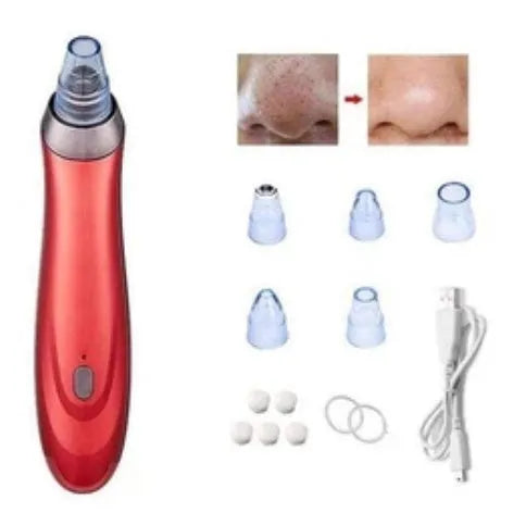 Handheld electric blackhead extractor tool with multiple nozzle tips in black colour