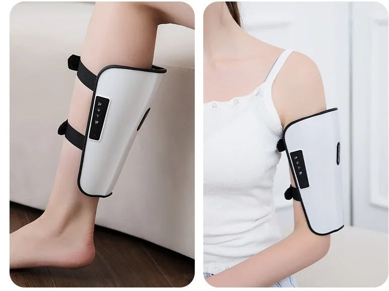 White plastic electronic calf massager with controls, showing USB Type-C port for charging.
