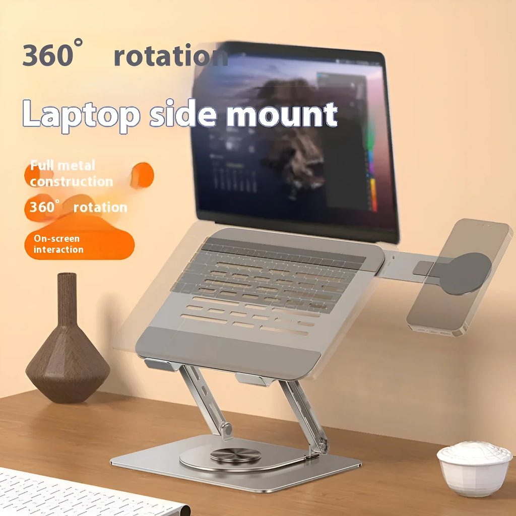 Silver carbon steel laptop stand with side-mounted rotatable magnetic phone holder