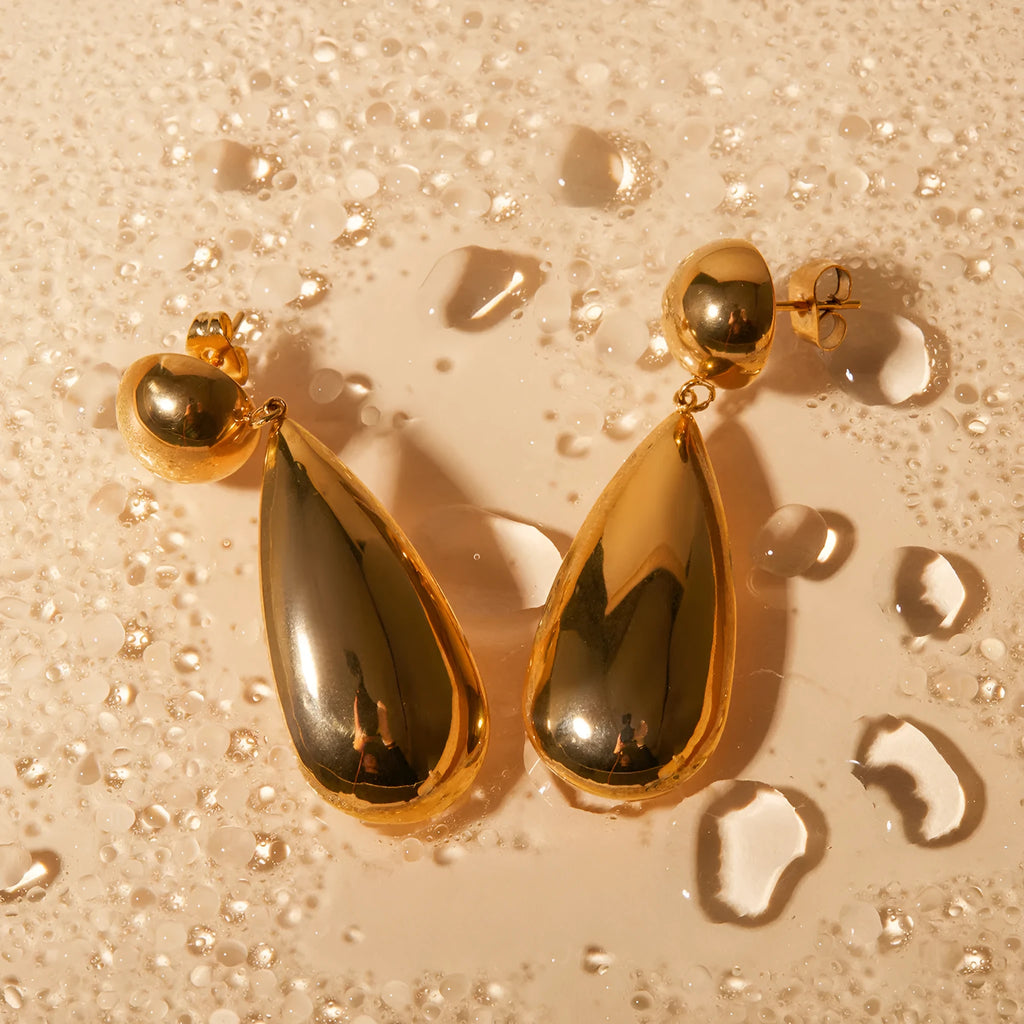 Gold stainless steel water drop earrings with geometric hemisphere pendants for women