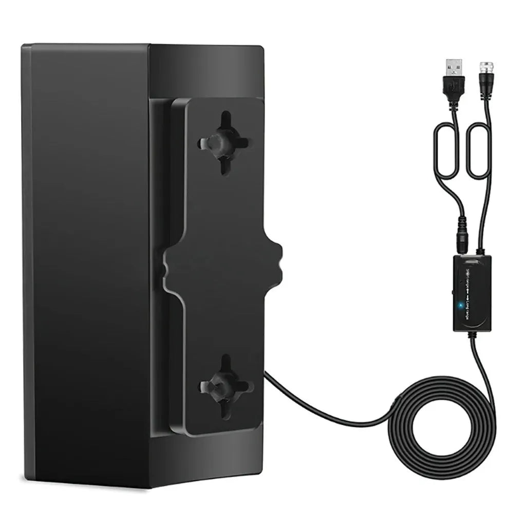 Black plastic indoor HD digital TV antenna with mounting accessories including expansion tubes and screws