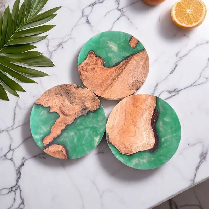 Nordic style wooden coaster with resin heat insulation for tea sets in solid colour