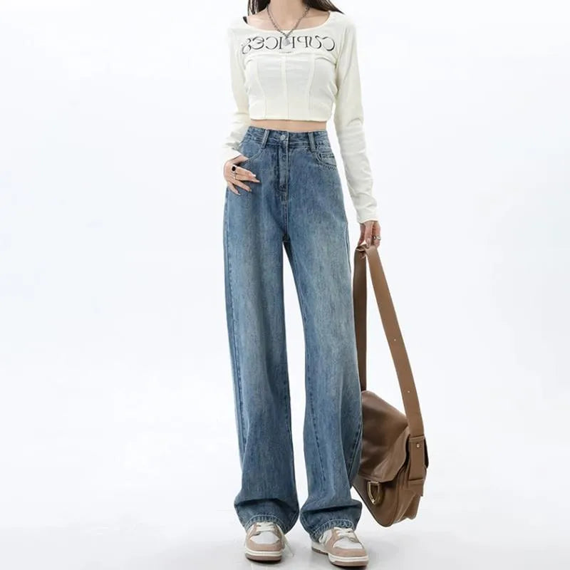 Women's retro blue wide leg jeans with high waist design and straight cut on model
