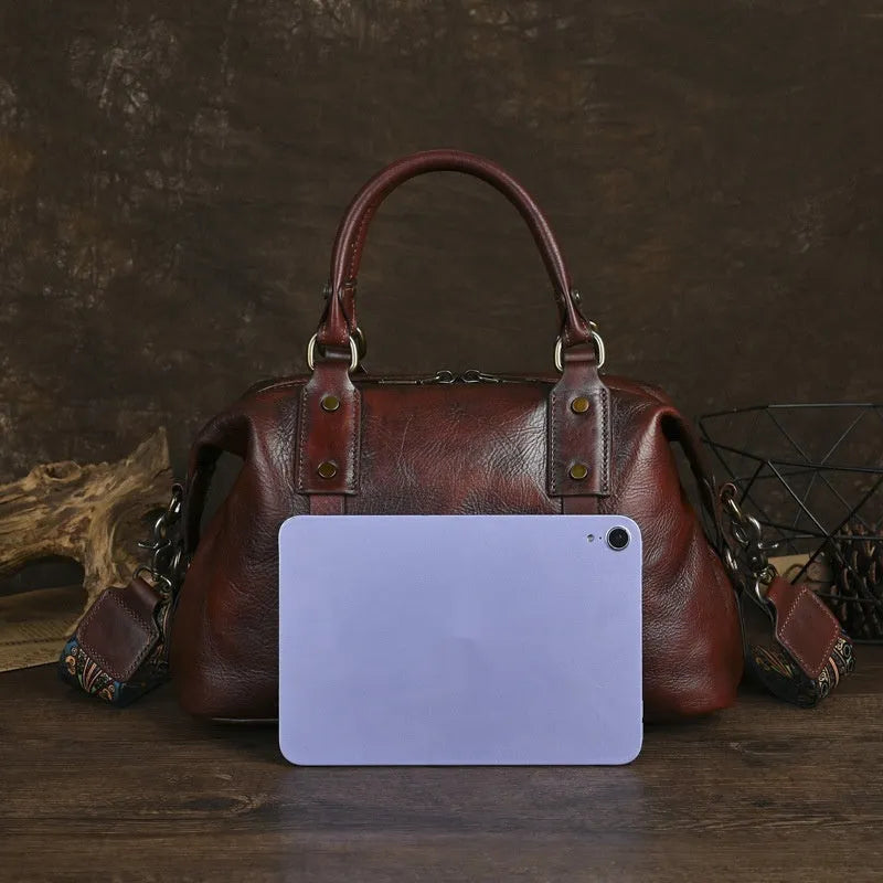 Brown genuine leather handbag with horizontal square shape and retro European American style for women