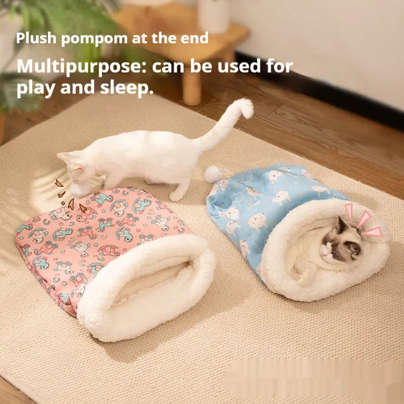 Flannel cat sleeping bag nest measuring 50cm by 40cm in blue rabbit pattern