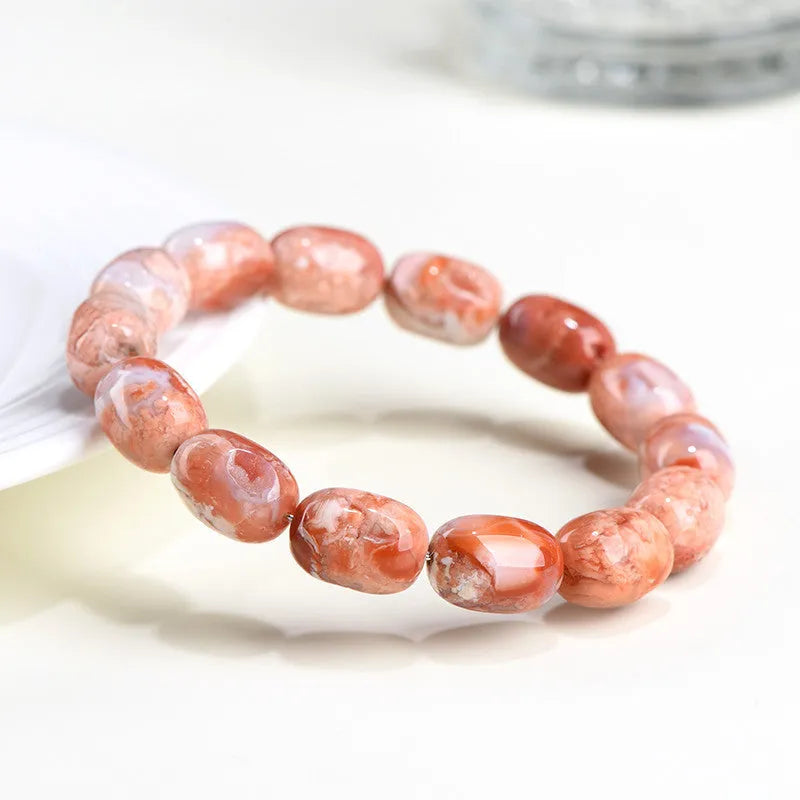 Natural cherry agate barrel bead bracelet with geometric shape and ruyi charm