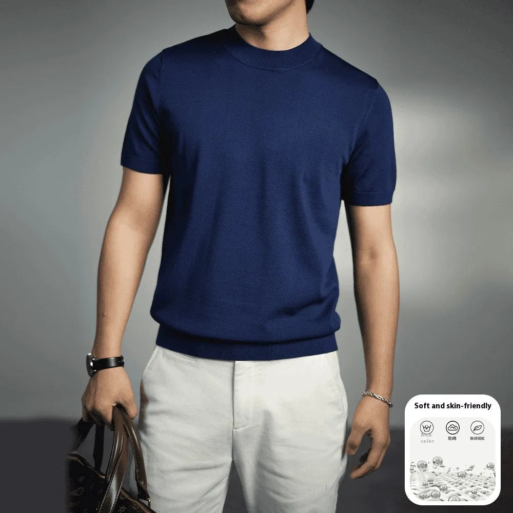 Men's knitted round neck T-shirt in a solid colour, showing short sleeves and non-iron finish.