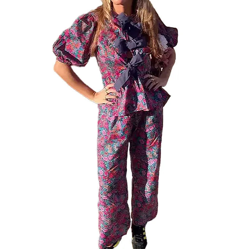 Women's floral print tie-neck trousers suit with puff sleeves, two-piece set