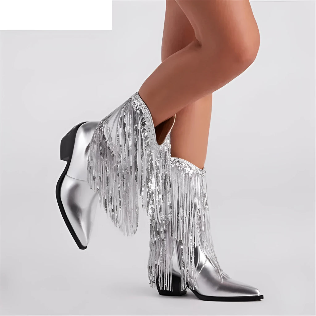 Women's black PU leather chunky heel tassel boots with pointed toe and high stiletto heel on a white background.